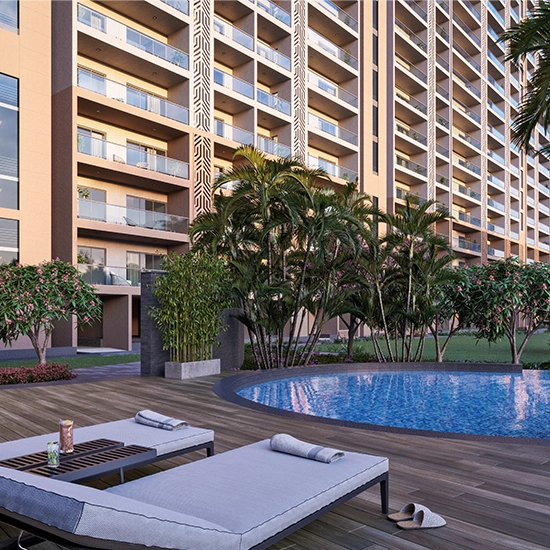 Relaxing deck by the swimming pool