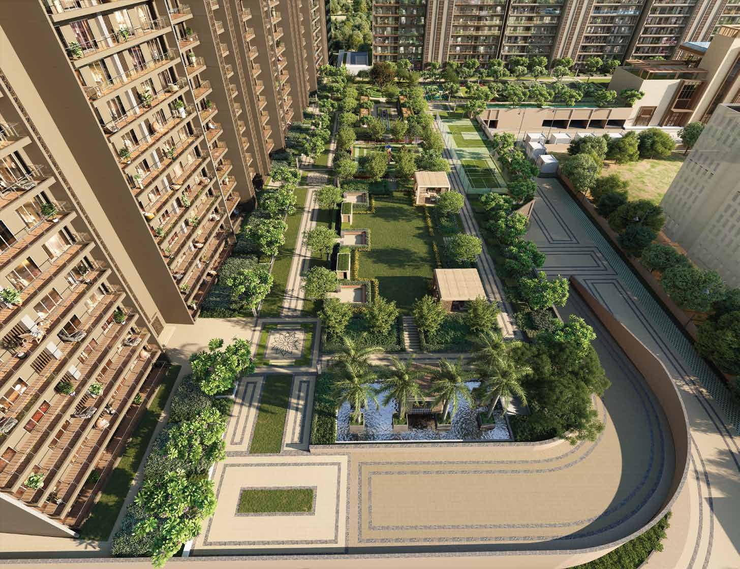 Landscaped gardens and open spaces within Godrej Majesty